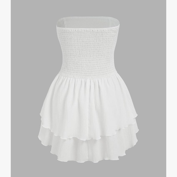 Strapless Ruched Ruffle White Mini Dress - Picture 3 of 3